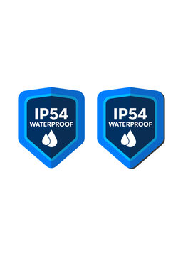 Blue IP54 waterproof shield icons with water drops representing splash resistance and dust protection for outdoor electronic device packaging label.