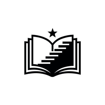 Open book with stairs and star logo vector. Education success and career growth icon.