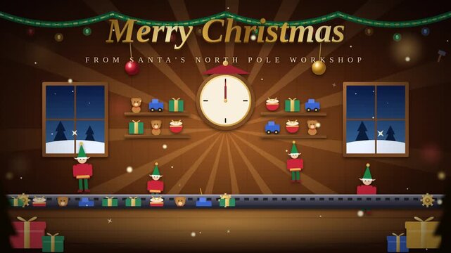 Merry Christmas Greeting Animated Santa s North Pole Workshop with Clock and Toys