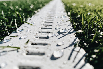 Fototapeta premium Painted yard line on artificial turf with dew beading on the fibres