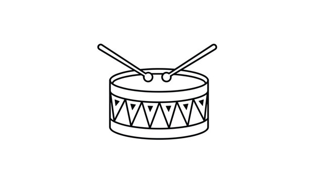 Simple line art illustration of a toy marching drum with two wooden drumsticks isolated on a white background.