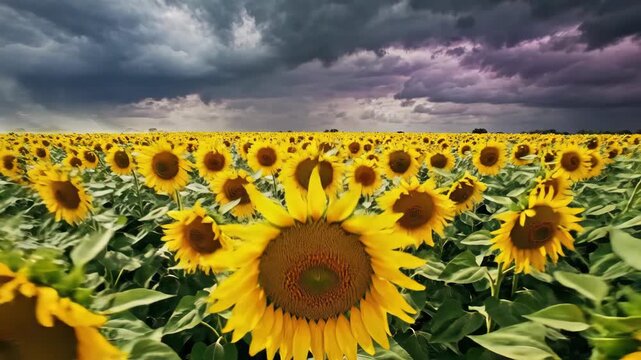 A lone sunflower stands tall in a vast field under stormy skies.