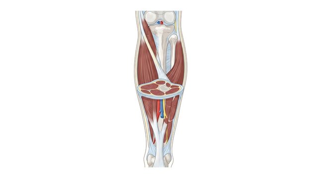 Anatomical illustration of human lower leg muscles and tendons.