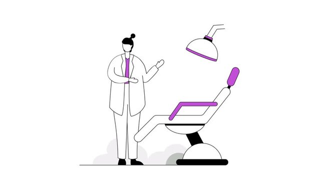 Dentist standing by chair in vector dental office line animation video