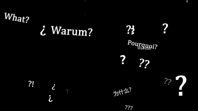 Questions and answers animation motion clip featuring multilingual text queries and symbols floating dynamically on black background video footage