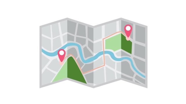 Folded city map with location pins and river in motion footage
