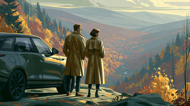 Stylish couple wearing trench coats standing beside their modern vehicle overlooking stunning autumn mountain landscape