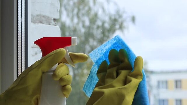 Window cleaning. Hands wearing yellow protective gloves spray glass cleaner onto a windowpane and wipe it with a blue cloth