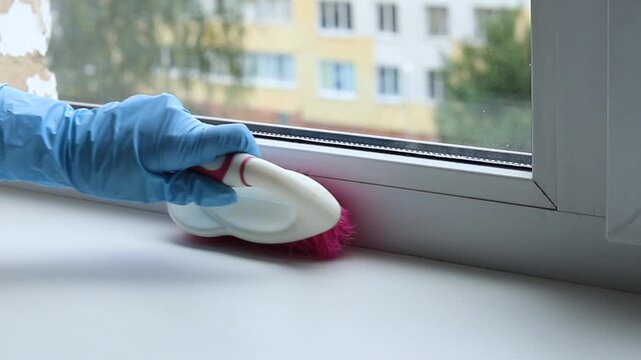 Window cleaning service. Hand in a blue protective glove cleans a windowsill with a pink brush.