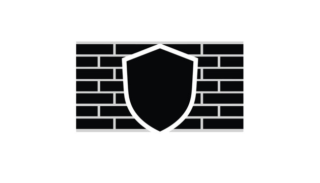 Black shield icon layered over a stylized dark brick wall pattern representing computer security and network firewall protection.