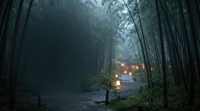 Misty Bamboo Forest Path Leading to a Traditional Japanese Temple.