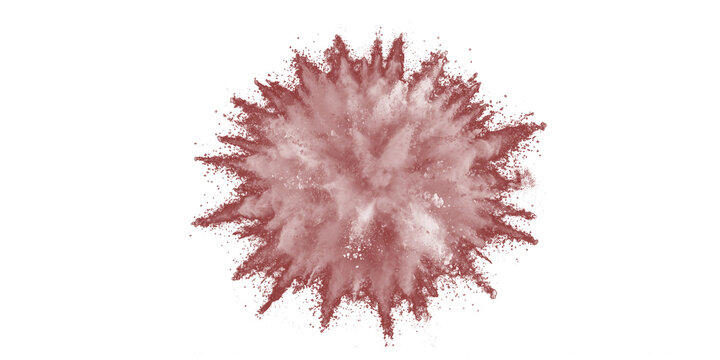 Dusty red brown powder explosion shaped like a spiky round starburst with dust and particles on transparent background