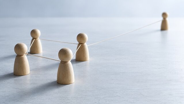 wooden people figures connected by fine lines on pale surface, with one member standing apart in distance. team network, remote collaboration and social connection; banner and website header.