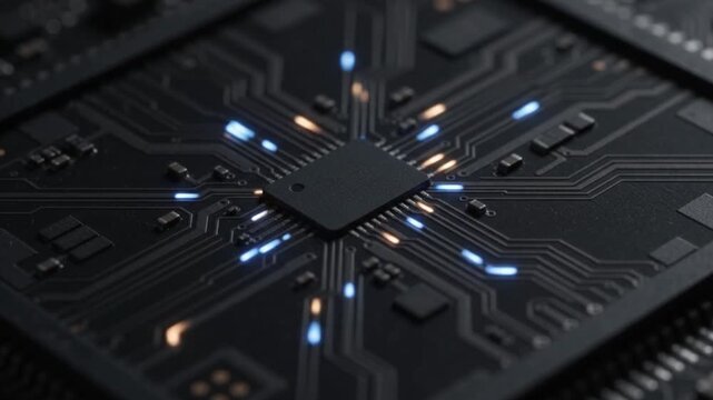 Seamless loop microscopic view of bidirectional data input and output signals on advanced AI processor microchip, minimalist technology background