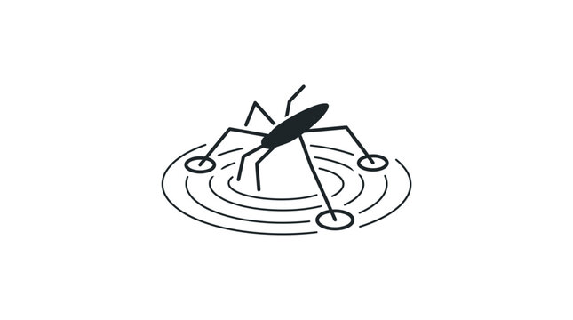 Water strider insect icon on water surface ripples, minimalist line art illustration, isolated on transparent background