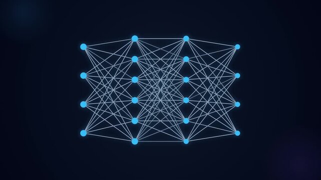 A digital neural network diagram with glowing blue nodes and white connecting lines rotates slowly against a dark background, showing a technical schematic of interconnected data points in