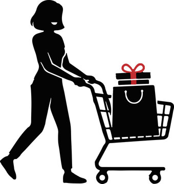 Black female silhouette pushing shopping cart with gift items and bag, vector icon set for retail design and e-commerce illustrations isolated on White Background EPS