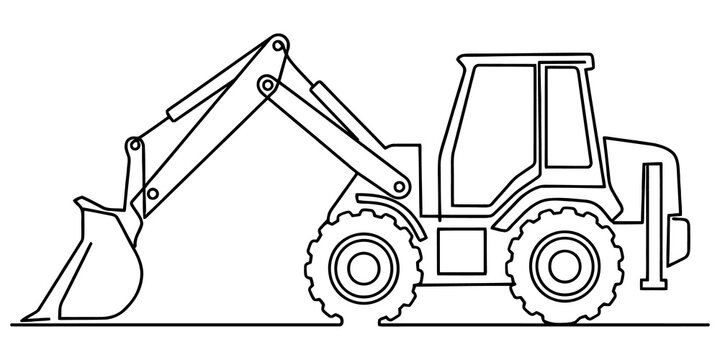 Heavy construction excavator machinery with bucket arm drawn in detailed black line art for industrial project concepts.