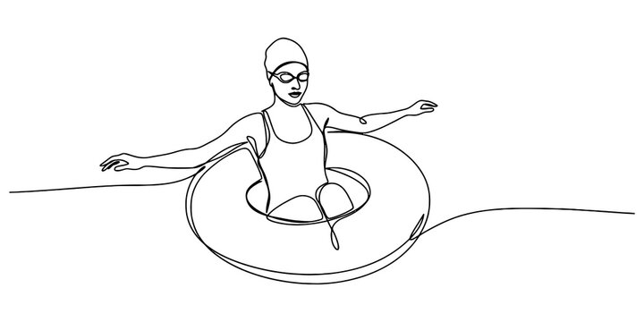 Continuous line art of woman wearing swim cap and goggles relaxing in inflatable pool float for summer holiday activity.