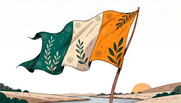 Waving Irish flag with decorative floral patterns and national heritage concept. Cultural celebration and patriotism. Stylized tri color flag of Ireland with botanical leaf illustrations on a wooden