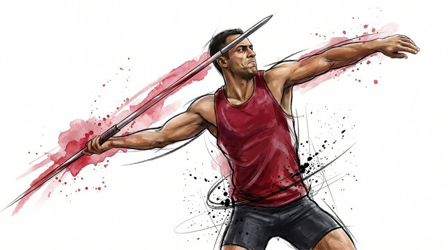 Athlete throws a javelin with powerful movement against a white background. Sport illustration showing strength, speed, and competition.