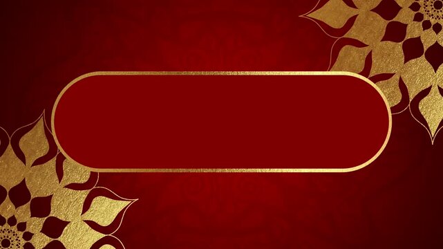Royal red wedding motion template with center title frame bordered by dual corner gold floral mandala pattern ornaments