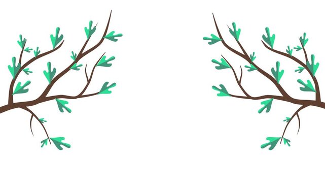 Growing tree branches with green leaves vector animation clip background