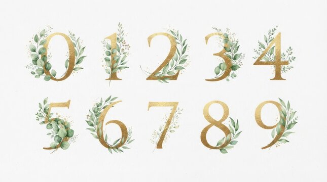 Set of golden numbers zero to nine decorated with green eucalyptus leaves and branches isolated on white background