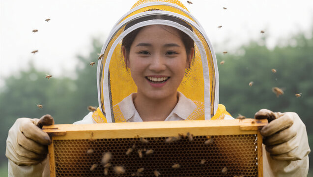 A happy Asian woman wearing protective gear holds a wooden honeycomb frame. This female beekeeper smiles while working with a honeybee colony at an apiary farm