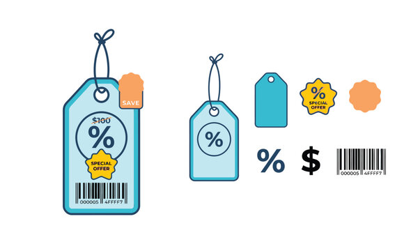 Assorted price tags with percentage signs and dollar symbols are displayed in a vector illustration bargain discount markdown promotion retail sale