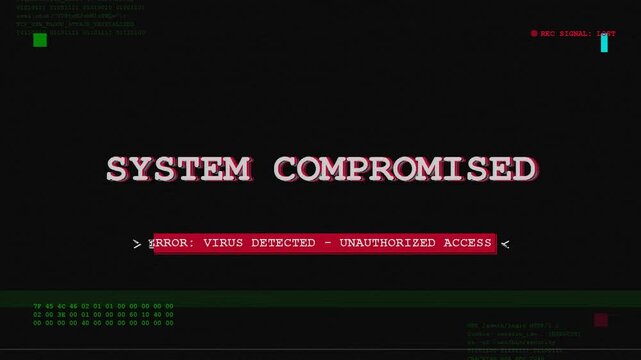Glitchy screen display with system compromised warning text and digital noise, cyber threat and hacking attack simulation