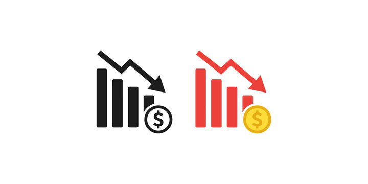Financial loss chart showing downward trending bars and coin symbols for economic crisis or market decline.