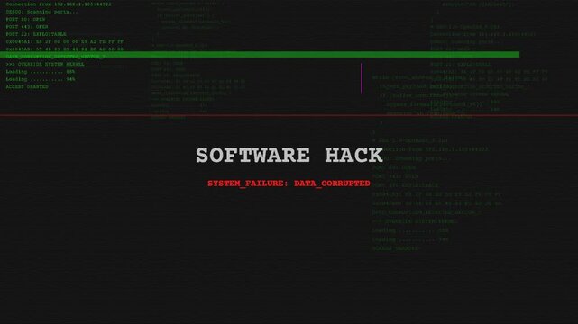 Retro digital software hack terminal interface with glitchy text, scrolling command line, cybersecurity threats, system vulnerability