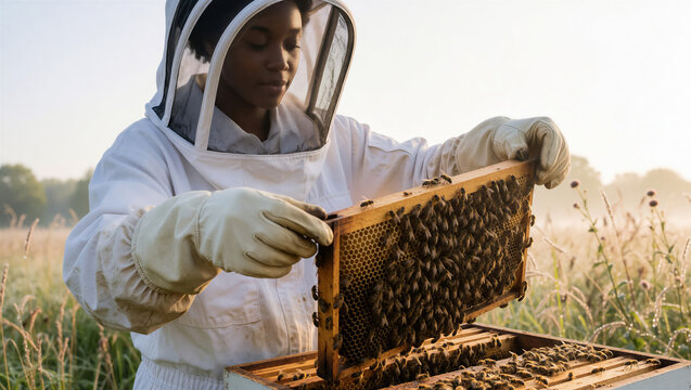 A female African American beekeeper inspecting a honeycomb frame. Warm morning sunlight illuminates her protective suit in a misty field