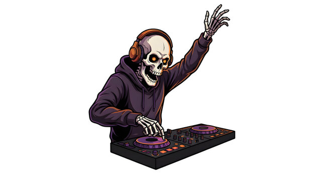 Skeleton dj with headphones operates a mixing console - Halloween 