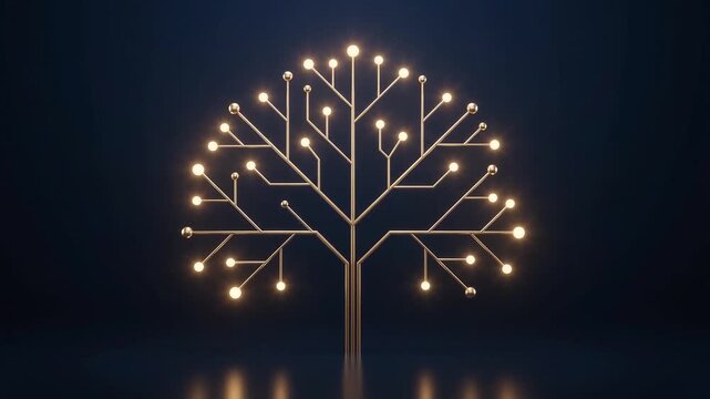Golden Abstract Tree Growing with Glowing Spheres