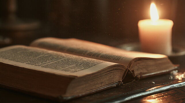 Open antique book beside a glowing candle in warm low light, vintage literature still life, cozy reading nook, rustic textures and timeless mood.
