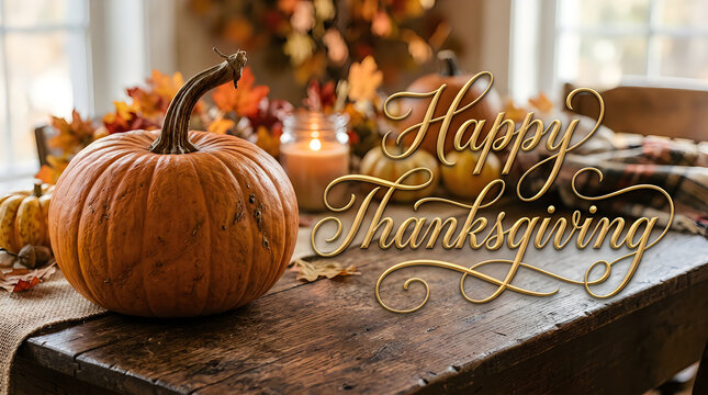 Festive autumn thanksgiving table setting with pumpkins and wheat