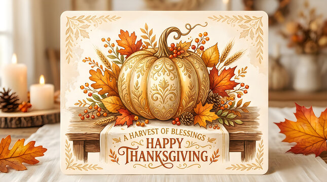 Vintage thanksgiving card with pumpkin and autumn leaves arrangement