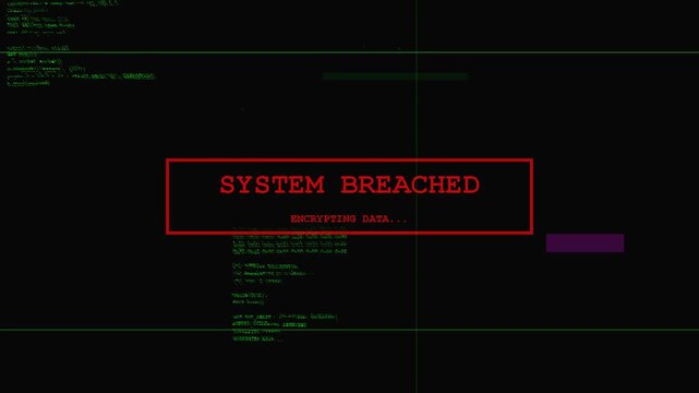 Retro digital terminal screen displaying system breached warning, cybersecurity threat alert, malicious code attack, hacking simulation interface
