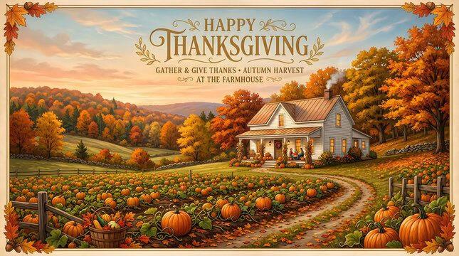 Vintage thanksgiving illustration depicting harvest celebration and family gathering