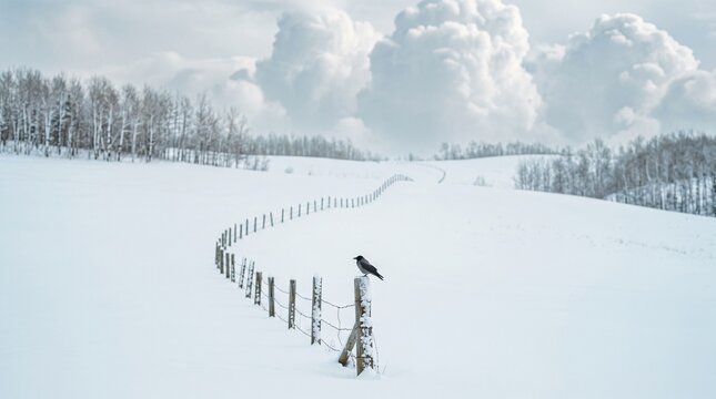 Snow covered wooden fence line with lone crow on hillside in winter