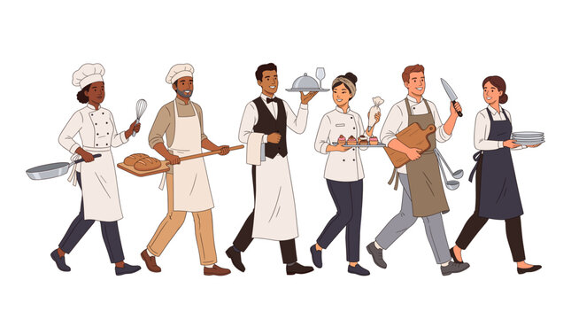 Diverse culinary team of chefs bakers and servers walking together carrying food and kitchen tools
