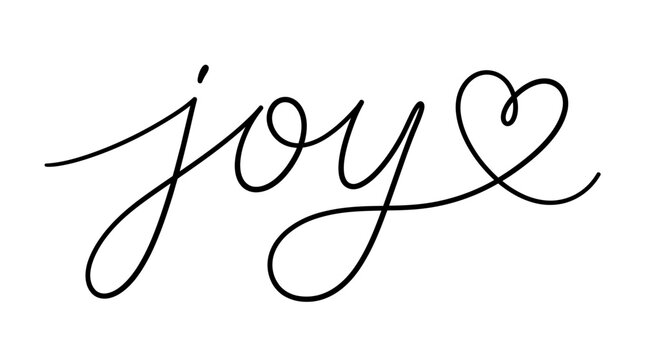 Handwritten joy word with heart in cursive script isolated on white background