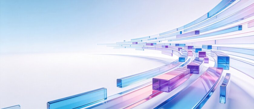 Transparent blue and purple glass data streams with geometric blocks flowing across a bright abstract background, idea for digital networks, technology and information transfer