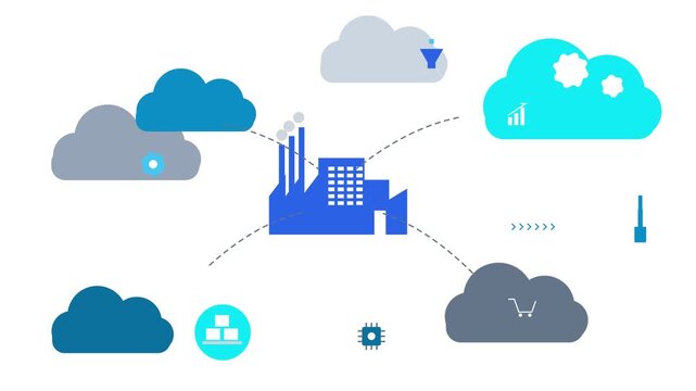 Industrial cloud computing pattern connecting factory to digital services. 4K