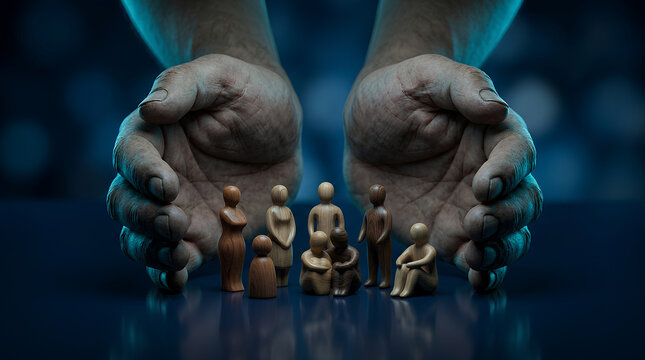 Large hands protecting diverse wooden figurines representing various social roles and interactions in a symbolic scenario