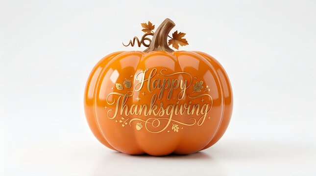 Decorative orange pumpkin with golden leaf patterns isolated on white background