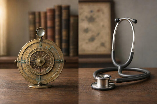 Vintage antique brass astrolabe compass and modern stethoscope on wooden desk symbolizing medical history and healthcare innovation
