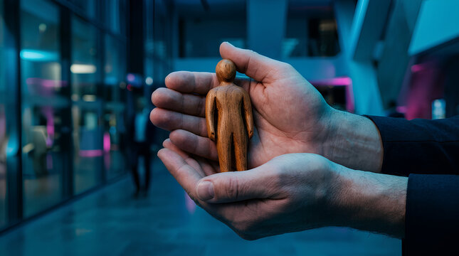 Futuristic concept of human preservation symbolized by wooden figurine held in a person's hand inside a modern, illuminated